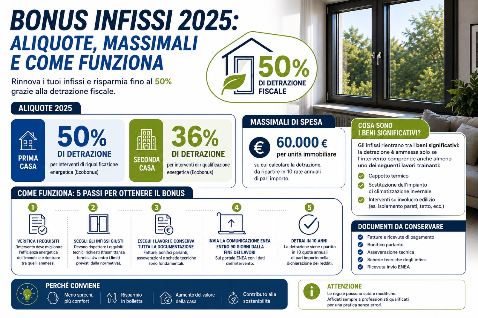 Bonus infissi 2025: aliquote, massimali e come funziona
