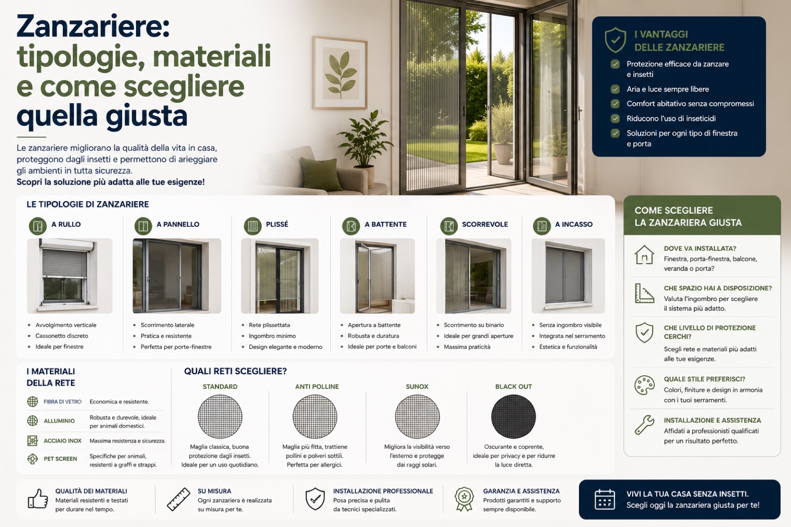 Zanzariere: tipologie, materiali e come scegliere quella giusta